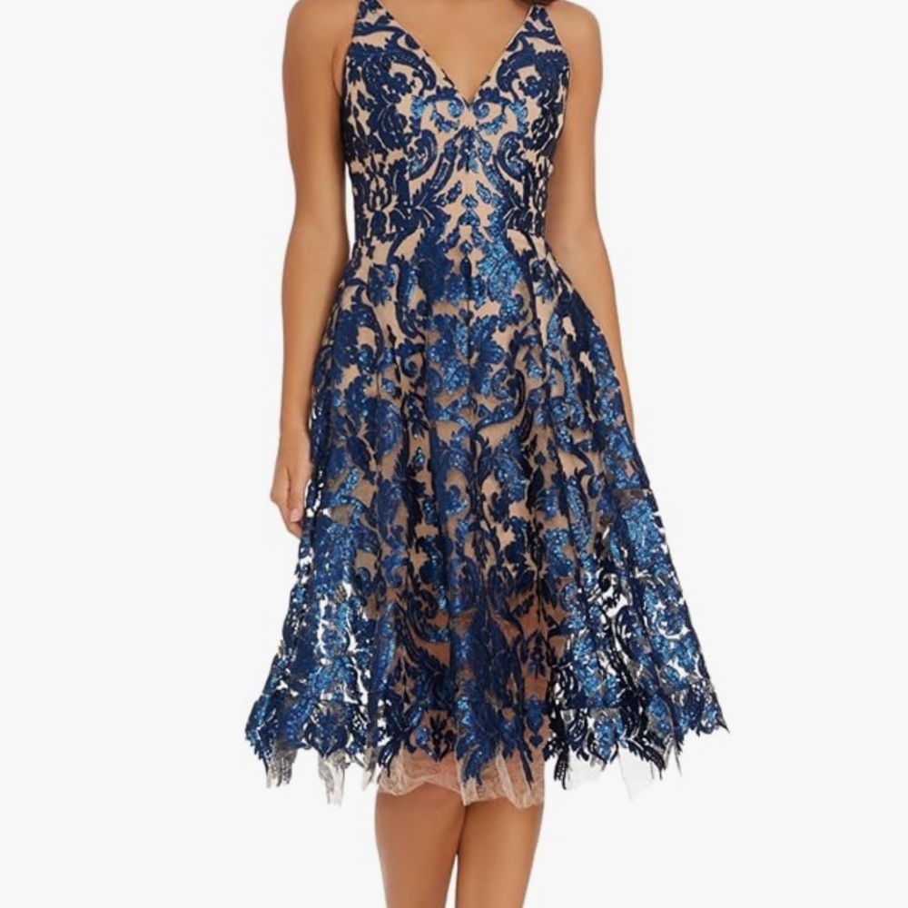 Dress the Population Women's Lace Midi Dress - Blue and Tan Size XL